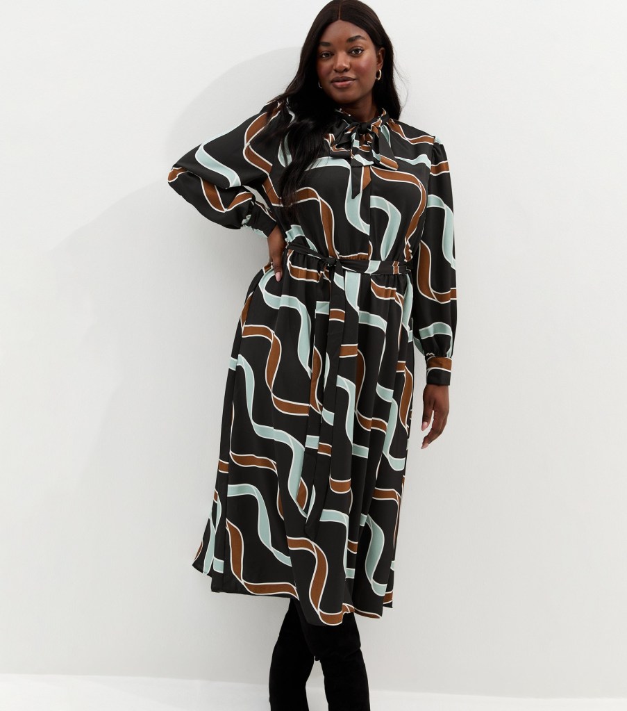 New Look Curves Blue and Brown Ribbon Long Sleeve Pussybow Midi Dress