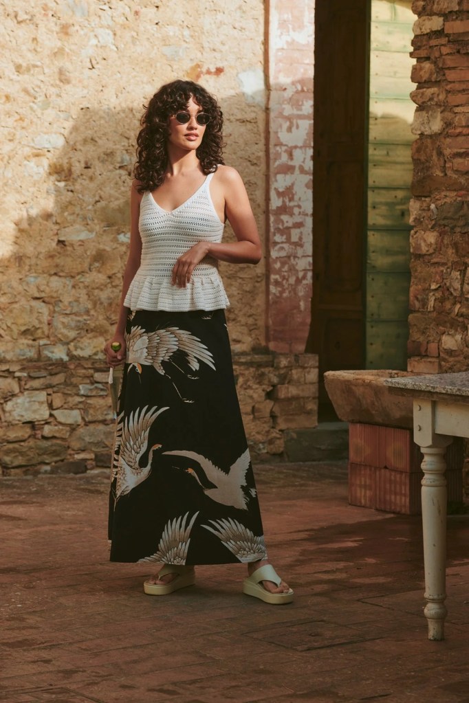 One Hundred Stars Stork Black Cotton A-Line Maxi Skirt