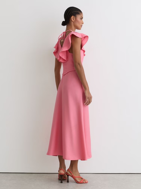 Reiss Giselle Ruffle Tie-Neck Keyhole Midi Dress back view