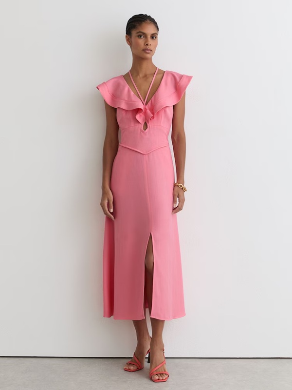 Reiss Giselle Ruffle Tie-Neck Keyhole Midi Dress in Pink