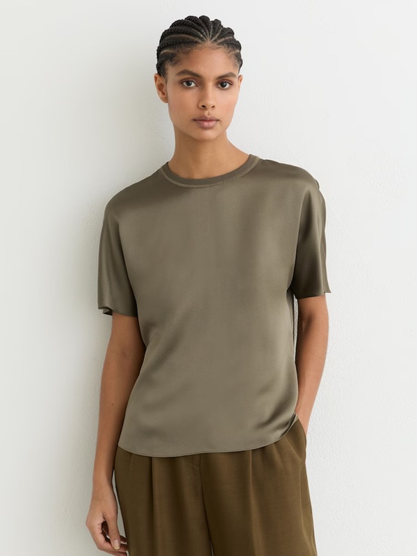 Reiss Lena Silk Short-Sleeve Top in Khaki Green