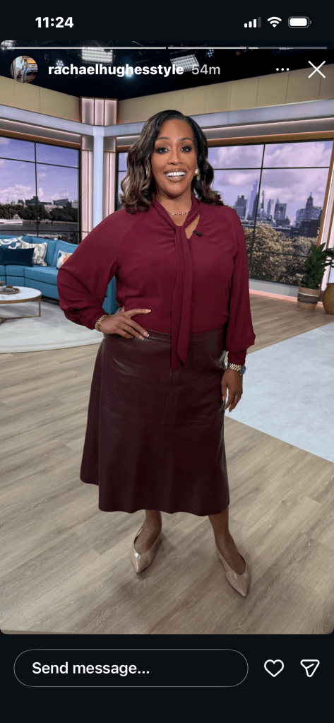 where to get all Alison Hammond This Morning outfits burgundy tie neck blouse burgundy faux leather midi skirt nude shoes what is Alison wearing 1 April 2026 Photo Rachael Hughes