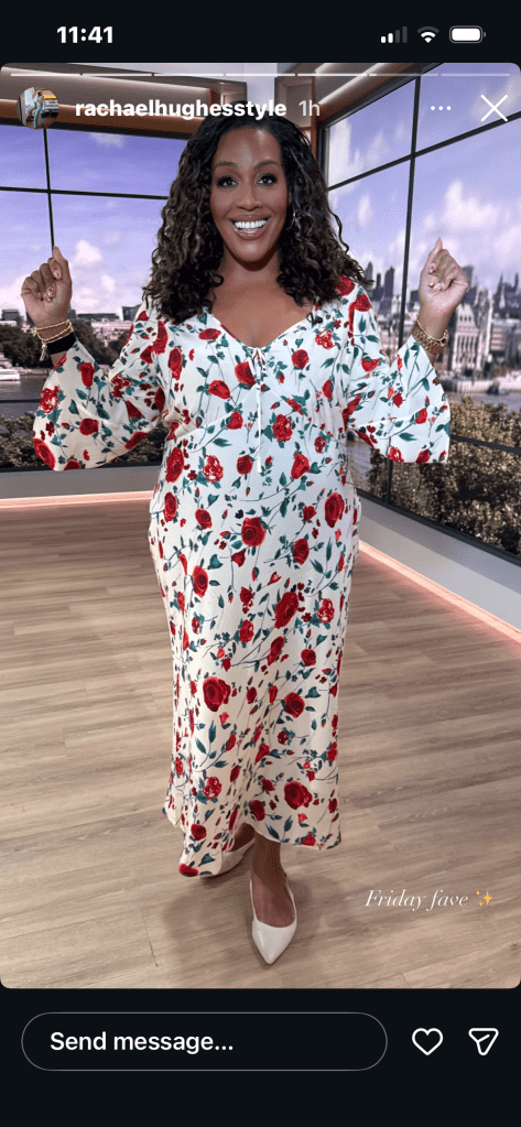 where to get all Alison Hammond This Morning outfits cream rose print midaxi dress white slingbacks what is Alison wearing 17 April 2026 Photo Rachael Hughes