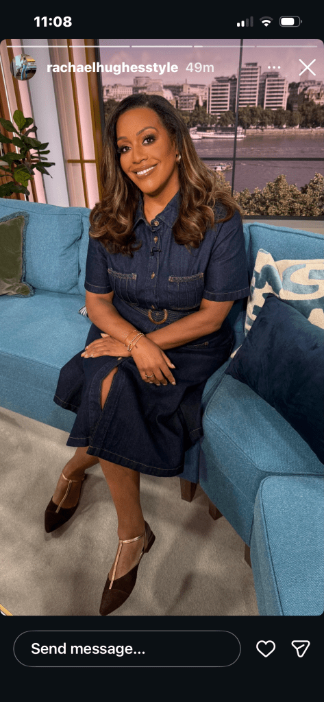where to get all Alison Hammond This Morning outfits short sleeve denim shirt dress brown suede shoes with metallic strap what is Alison wearing 24 April 2026 Photo Rachael Hughes