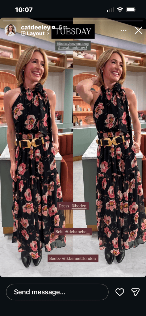 where to get all Cat Deeley this Morning outfits black pink rose print halter midi dress black boots black and gold belt what is Cat wearing 15 April 2026 Photo Cat Deeley