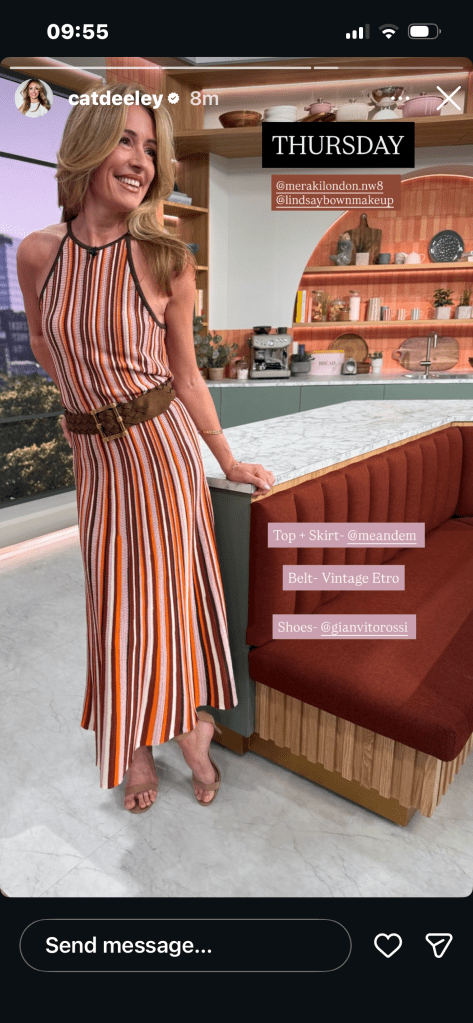 where to get all Cat Deeley this Morning outfits brown and orange striped co ord nude suede sandals what is Cat wearing 30 April 2026 Photo Cat Deeley