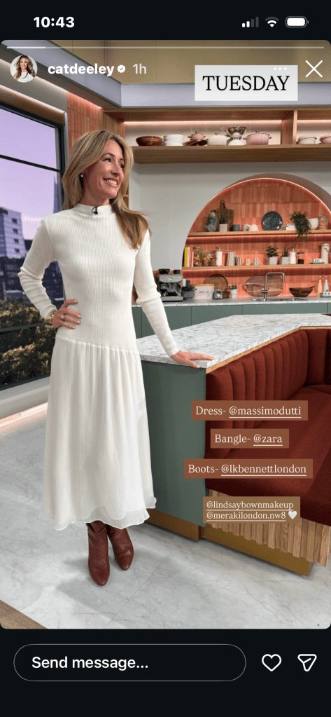 where to get all Cat Deeley this Morning outfits cream knit dress brown boots what is Cat wearing 28 April 2026 Photo Cat Deeley