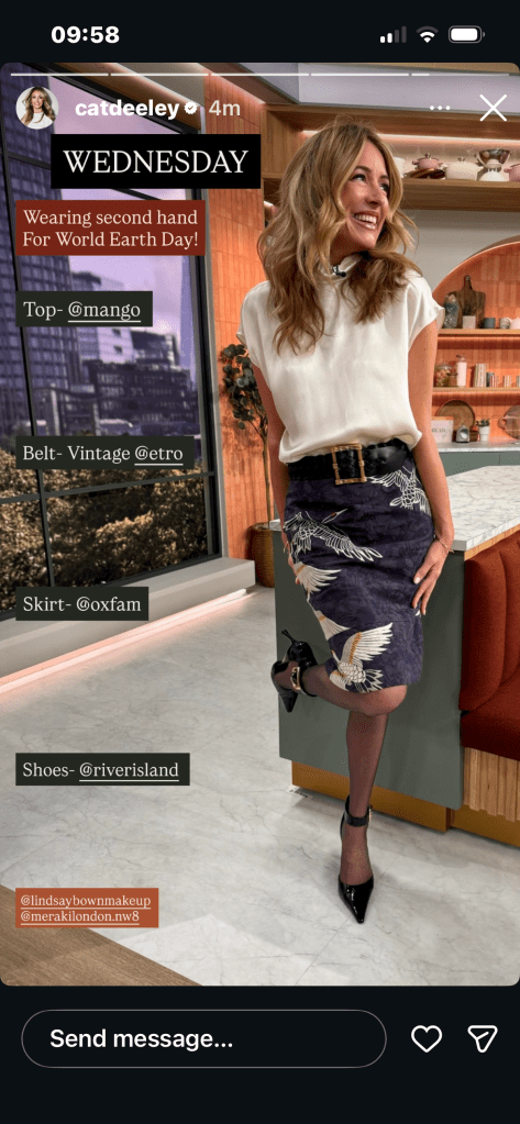 where to get all Cat Deeley this Morning outfits ivory satin drape neck top navy crane print skirt black patent ankle strap shoes what is Cat wearing 22 April 2026 Photo Cat Deeley