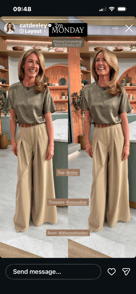 where to get all Cat Deeley this Morning outfits khaki green silk t shirt beige sand wide leg pleated trousers what is Cat wearing 20 April 2026 Photo Cat Deeley