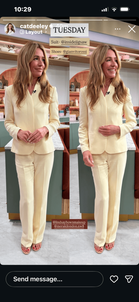 where to get all Cat Deeley this Morning outfits lemon yellow blazer and trousers nude suede sandals what is Cat wearing 14 April 2026 Photo Cat Deeley