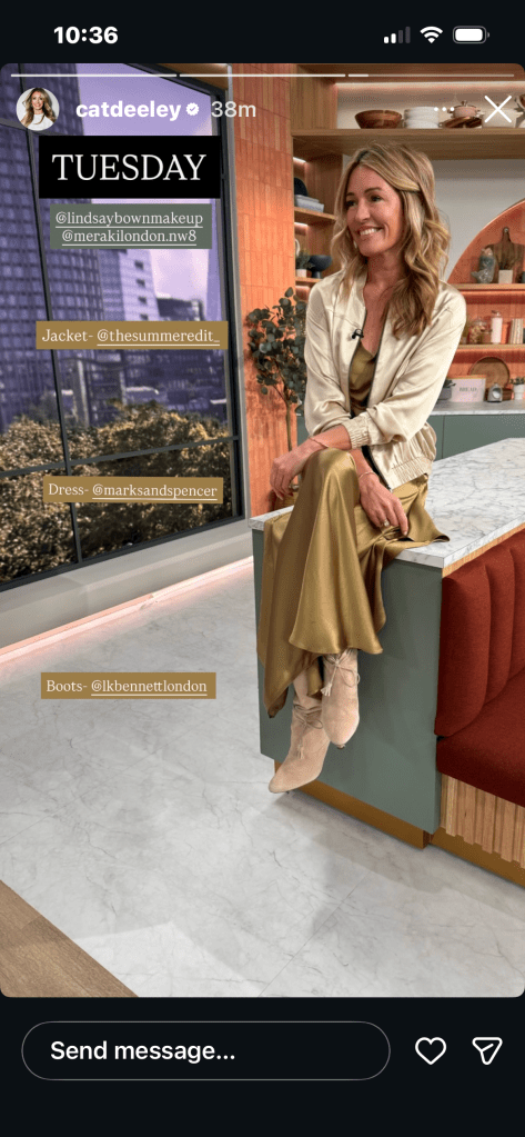 where to get all Cat Deeley this Morning outfits moss green satin slip dress snd silk bomber jacket beide suede boots what is Cat wearing 21 April 2026 Photo Cat Deeley