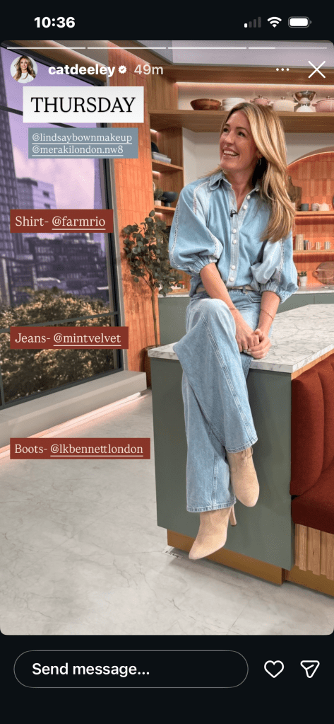 where to get all Cat Deeley this Morning outfits pale denim two tone puff sleeved shirt mid wash jeans neutral beige suede boots what is Cat wearing 23 April 2026 Photo Cat Deeley