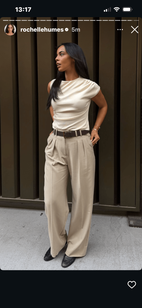 where to get all Rochelle Humes This Morning outfits ecru asymmetric top nutral pleated trousers what is rochelle wearing 9 April 2026 Photo Amber Jackson