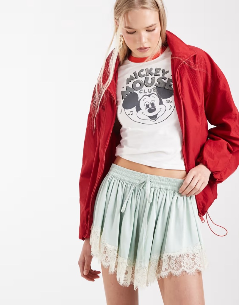 ASOS DESIGN lace trim volume satin shorts