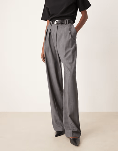 ASOS DESIGN Tall tailored wide leg trousers with pleat detail in grey stripe