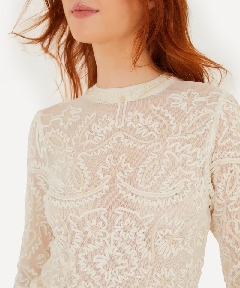 Farm Rio Off-White Embroidered Crew-Neck Long-Sleeve Blouse