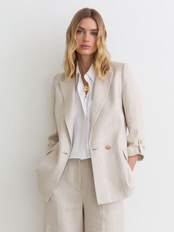 Reiss Nolah Linen-Blend Textured Double-Breasted Blazer