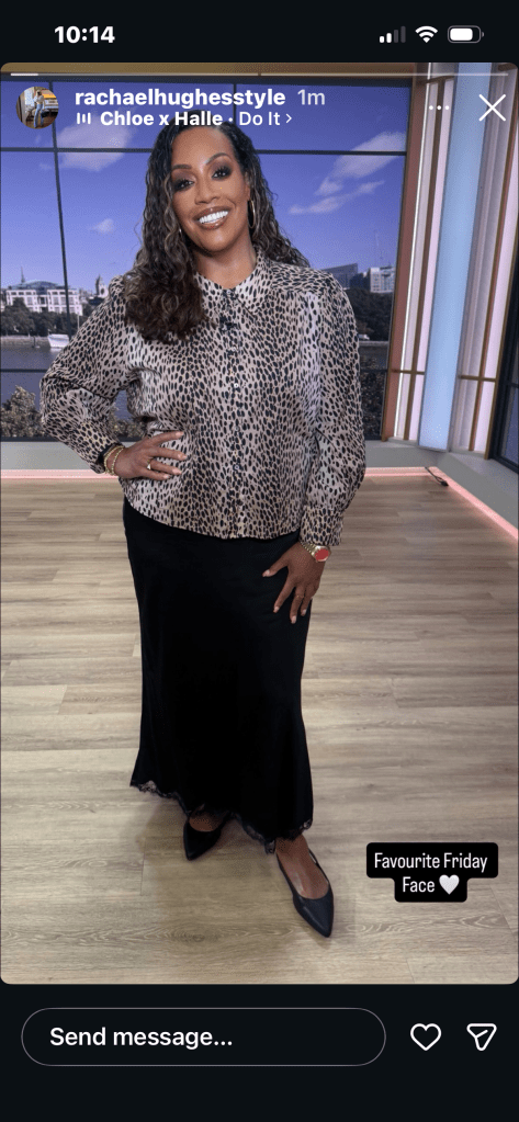 where to get all Alison Hammond This Morning outfits antelope print hirt black satin midi skirt lace trim what is Alison wearing 1 May 2026 Photo Rachael Hughes