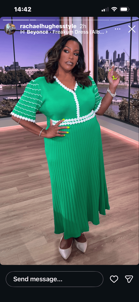 where to get all Alison Hammond This Morning outfits green knit dress with white floral detail neutral slingbacks what is Alison wearing 15 May 2026 Photo Rachael Hughes
