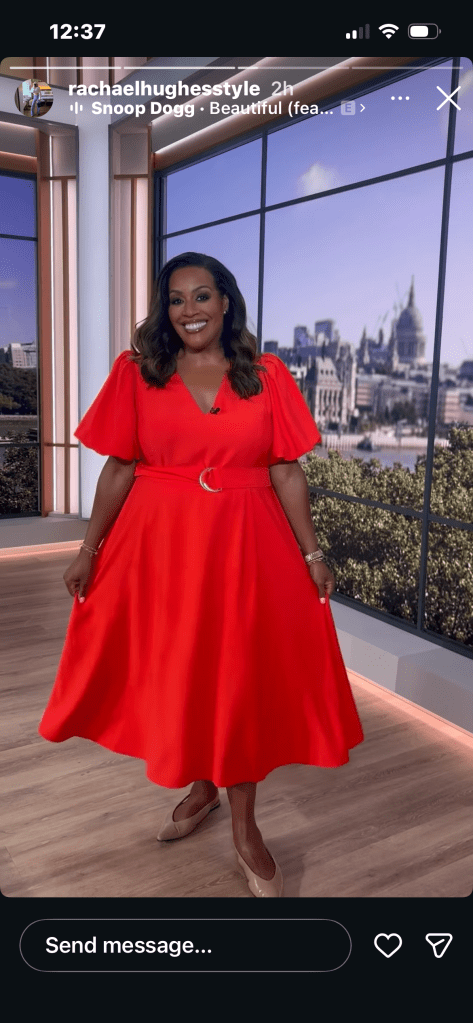 where to get all Alison Hammond This Morning outfits orange puff sleeve dress neutral slingbacks what is Alison wearing 22 May 2026 Photo Rachael Hughes