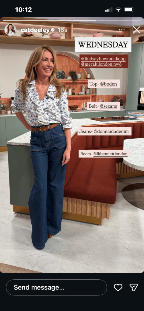 where to get all Cat Deeley this Morning outfits blue floral print ruffle neck blouse blue flared denim jeans brown boots what is Cat wearing 20 May 2026 Photo Cat Deeley