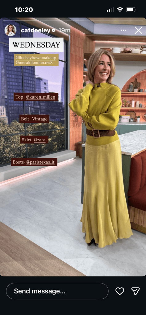 where to get all Cat Deeley this Morning outfits chartreuse knit top chartreuse satin midi skirt brown croc boots what is Cat wearing 13 May 2026 Photo Cat Deeley