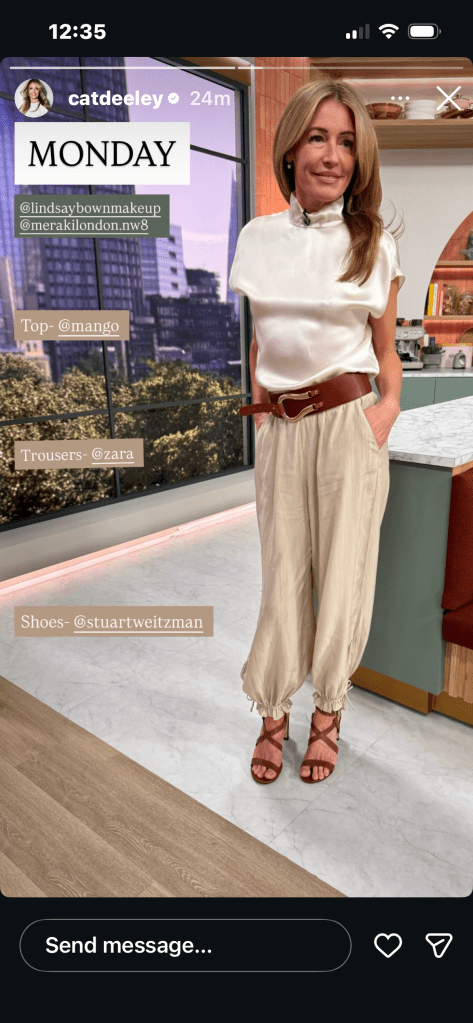 where to get all Cat Deeley this Morning outfits ecru silk satin top ecru balloon trousers brown gladiator sandals what is Cat wearing 18 May 2026 Photo Cat Deeley