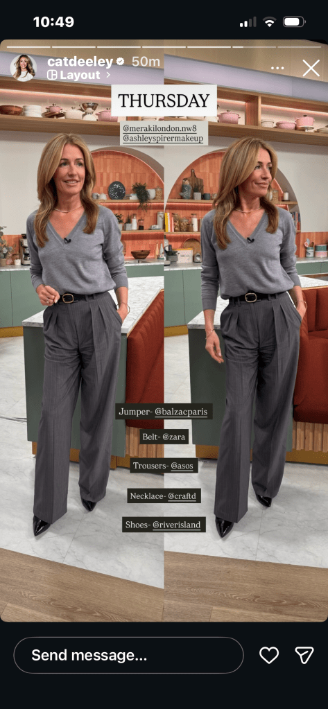 where to get all Cat Deeley this Morning outfits grey v neck jumper grey pinstripe wide leg trousers black patent shoes what is Cat wearing 14 May 2026 Photo Cat Deeley