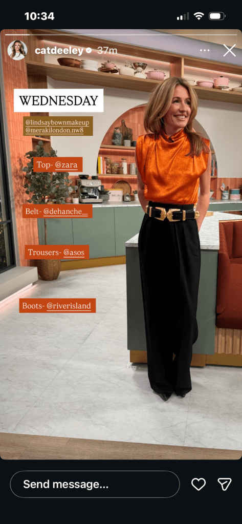 where to get all Cat Deeley this Morning outfits orang satin top black high waist trousers boots what is Cat wearing 6 May 2026 Photo Cat Deeley