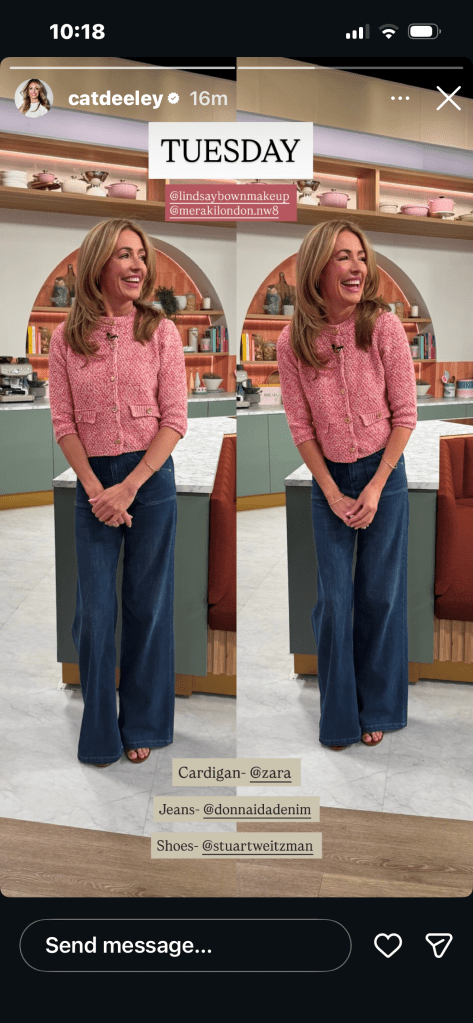 where to get all Cat Deeley this Morning outfits pink tweed cardigan blue wide leg jeans brown gladiator sandals what is Cat wearing 12 May 2026 Photo Cat Deeley