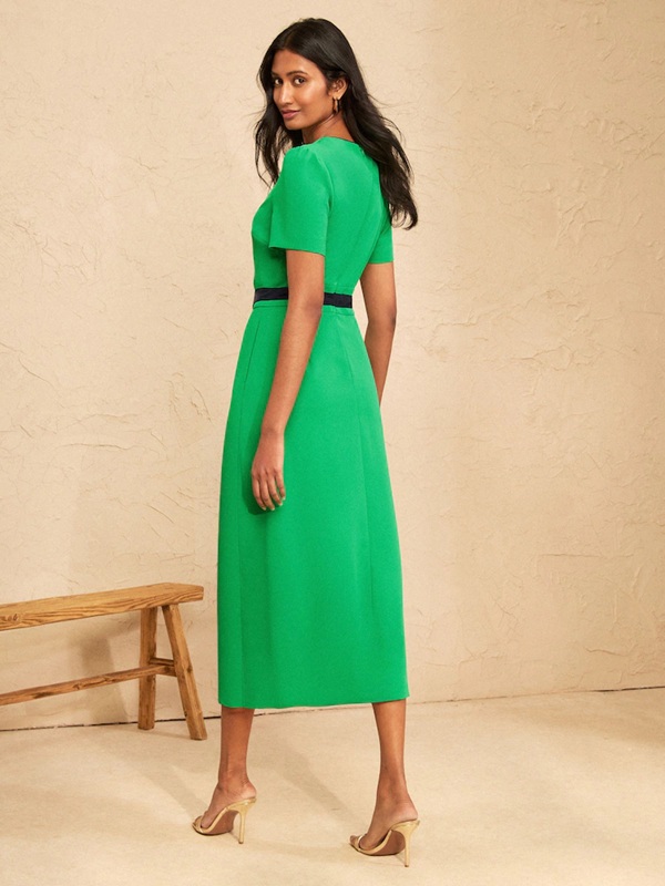 Love & Roses Bright Green Tailored Short Sleeve Dress With Contrast Tie Waist Panel back view