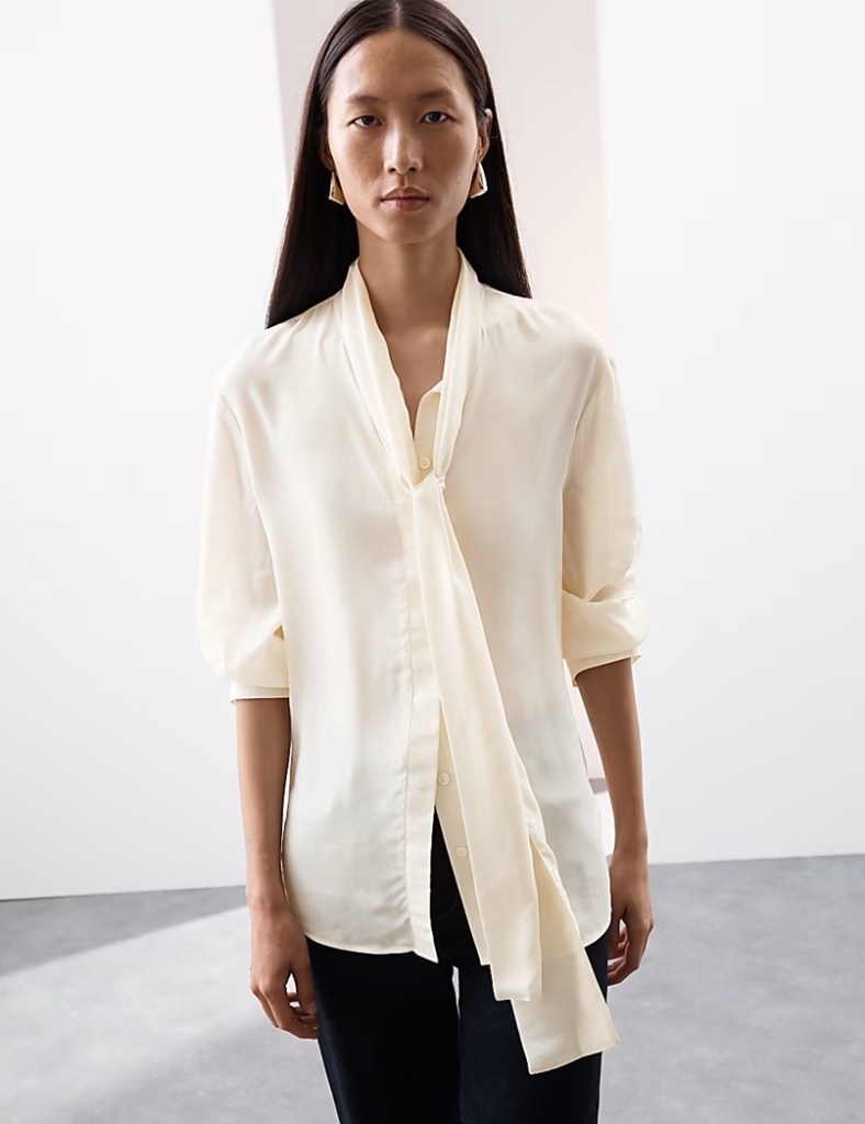 M&S Silk Blend Tie Neck Button Through Blouse