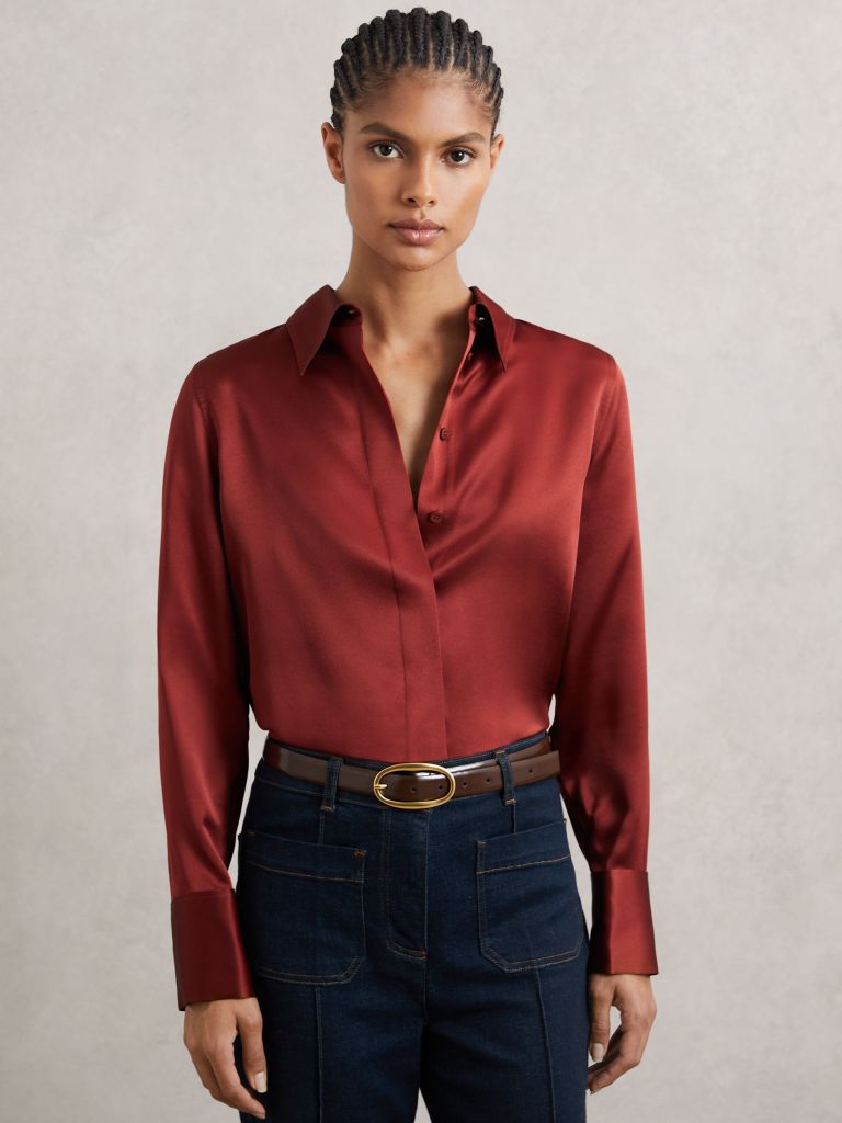 Reiss Ameira Silk-Satin Concealed-Placket Shirt in Dark Red