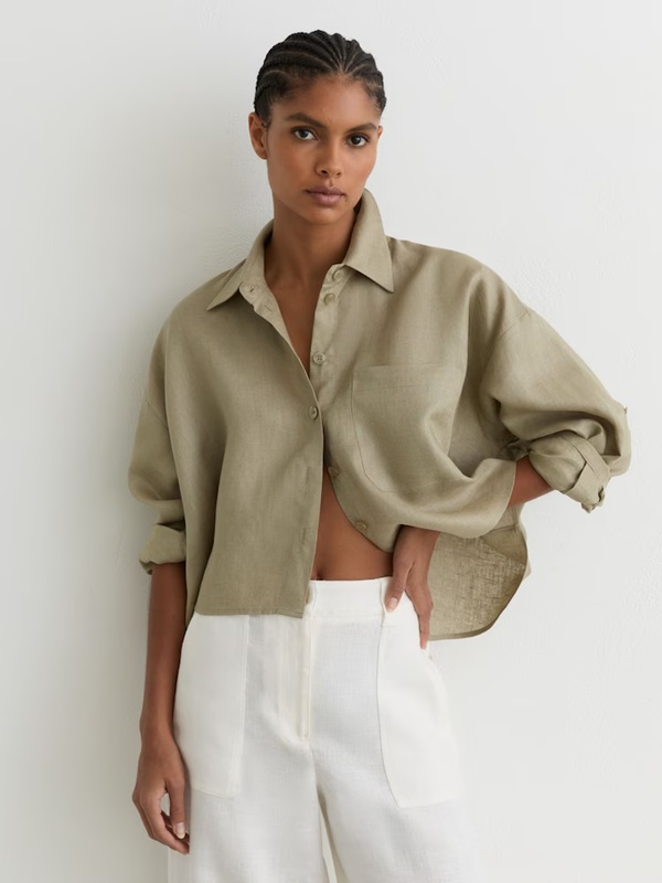 Reiss Solena Linen Oversize Cropped Shirt in Green