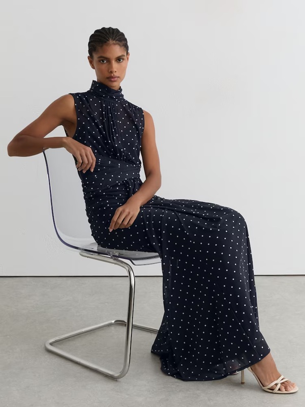 Reiss Stacey Polka-Dot Print Sleeveless Maxi Dress in Navy Ivory