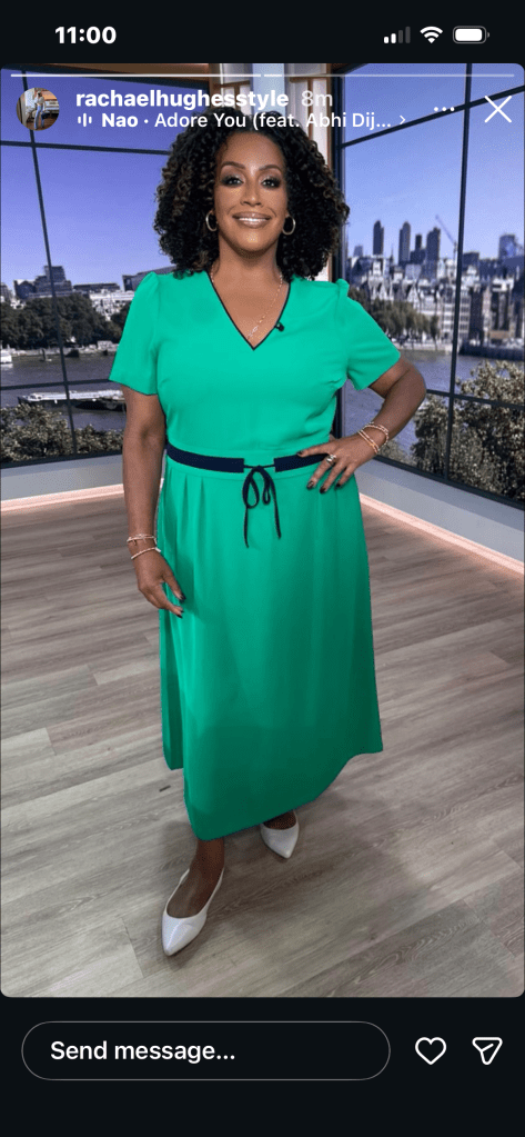 where to get all Alison Hammond This Morning outfits bright green short sleeve midi dress white flat slingbacks what is Alison wearing 5 June 2026 Photo Rachael Hughes