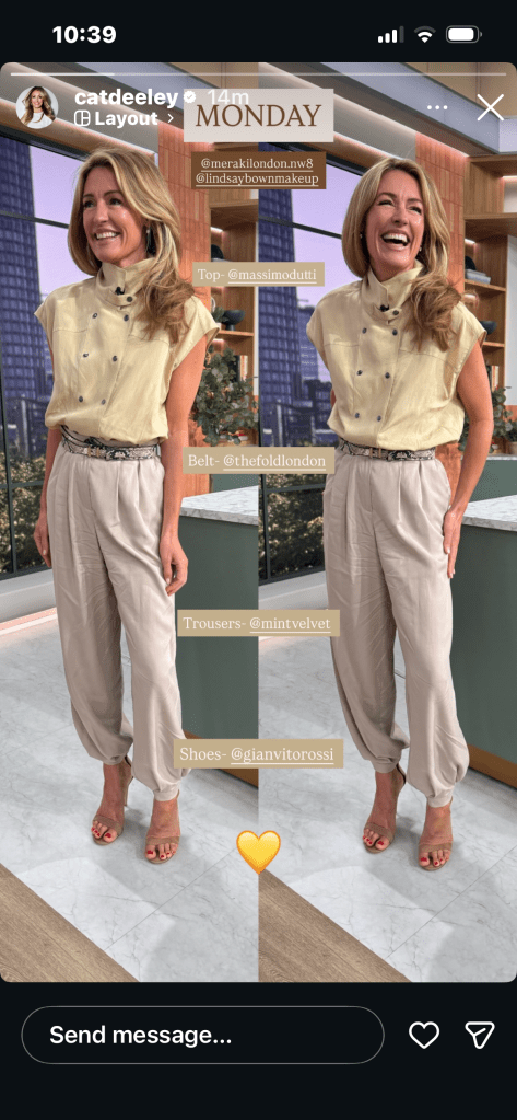 where to get all Cat Deeley this Morning outfits beige sleeveless top neutral balloon trousers snake belt nude suede sandals what is Cat wearing 8 June 2026 Photo Cat Deeley
