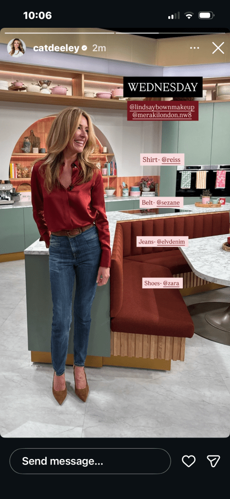 where to get all Cat Deeley this Morning outfits dark red satin shirt slim jeand brown belt brown suede slingbacks what is Cat wearing 3 June 2026 Photo Cat Deeley