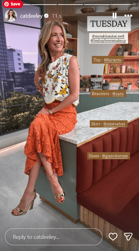 where to get all Cat Deeley this Morning outfits floral bird lemon scalloped top orange lace maxi skirt gold sandals what is Cat wearing 30 June 2026 Photo Cat Deeley
