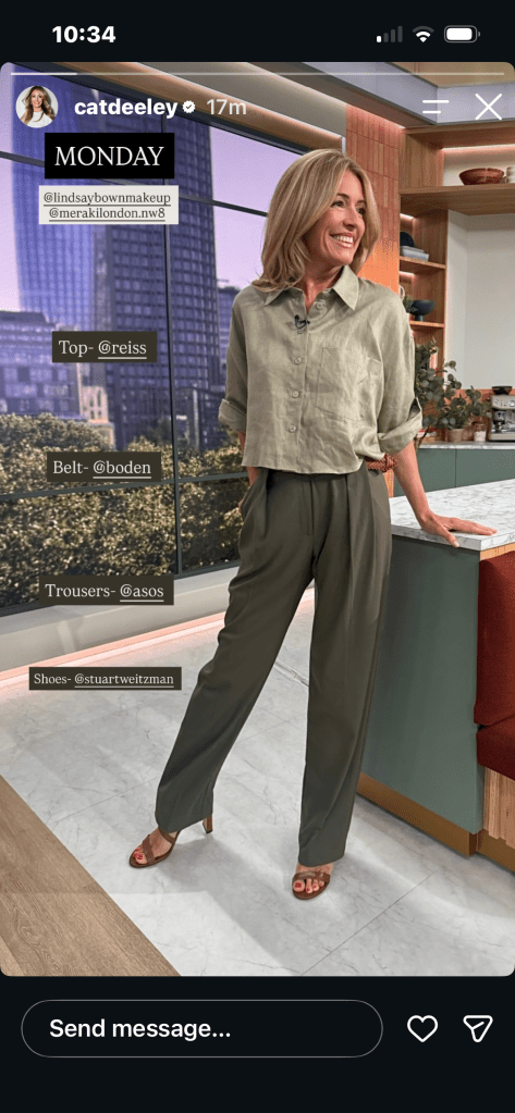 where to get all Cat Deeley this Morning outfits green linen shirt green pleated trousers brown plaited belt brown sandals what is Cat wearing 29 June 2026 Photo Cat Deeley