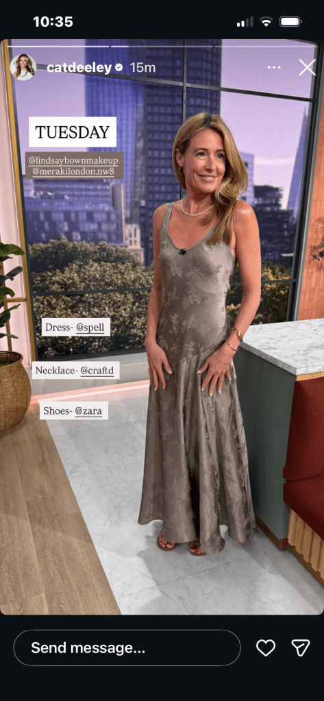 where to get all Cat Deeley this Morning outfits grey satin jacquard  dress gold sandals what is Cat wearing 23 June 2026 Photo Cat Deeley