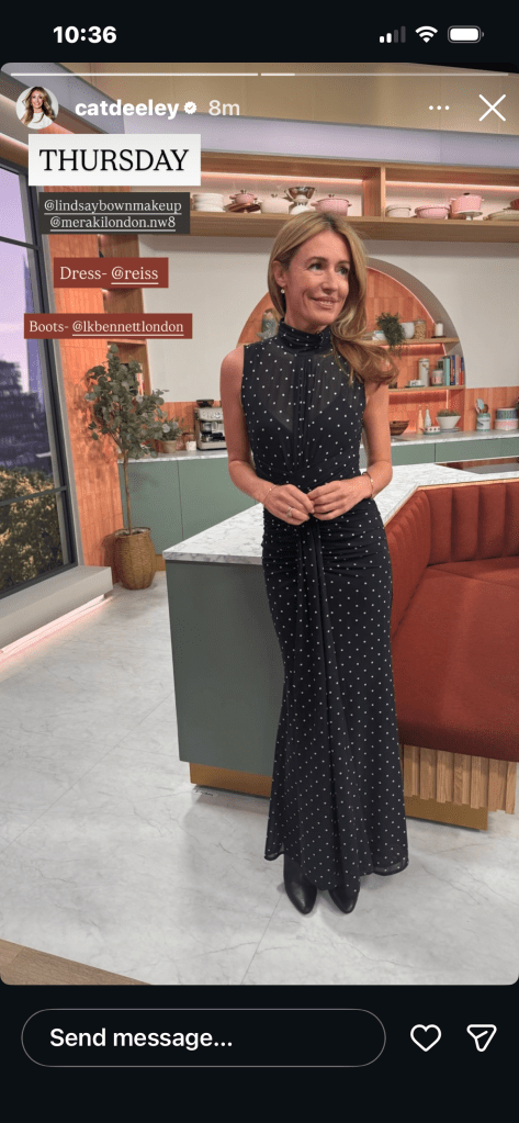 where to get all Cat Deeley this Morning outfits navy cream polka dot maxi dress black boots what is Cat wearing 4 June 2026 Photo Cat Deeley