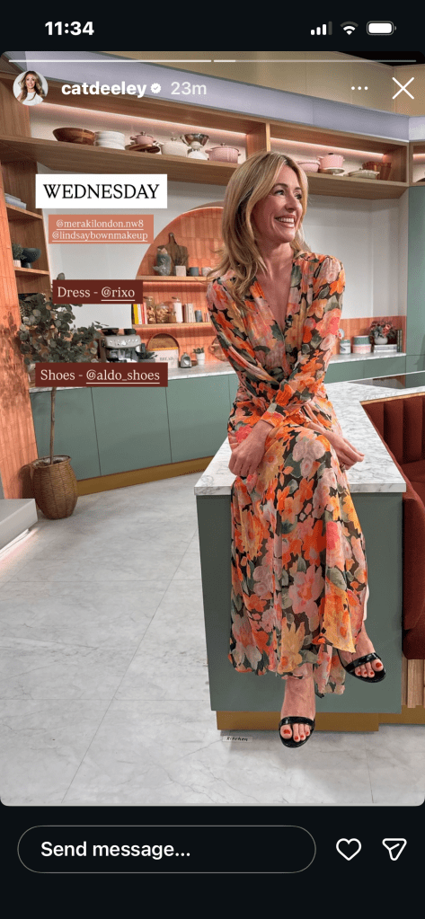 where to get all Cat Deeley this Morning outfits orange floral chiffon dress black sandals what is Cat wearing 10 June 2026 Photo Cat Deeley