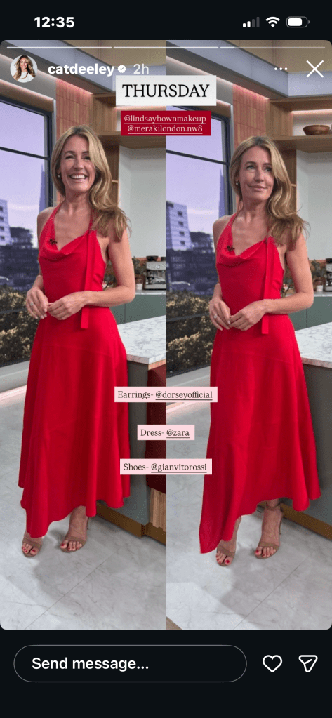 where to get all Cat Deeley this Morning outfits red halter dress nude suede sandals what is Cat wearing 18 June 2026 Photo Cat Deeley