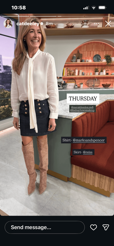 where to get all Cat Deeley this Morning outfits white tie neck blouse denim mini skirt beige suede over knee boots what is Cat wearing 11 June 2026 Photo Cat Deeley