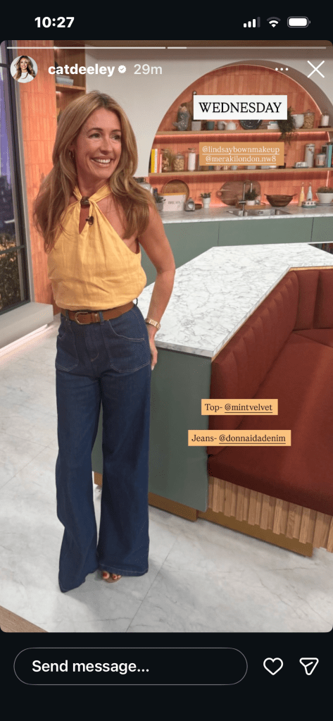 where to get all Cat Deeley this Morning outfits yellow linen halter top blue flared jeans what is Cat wearing 17 June 2026 Photo Cat Deeley