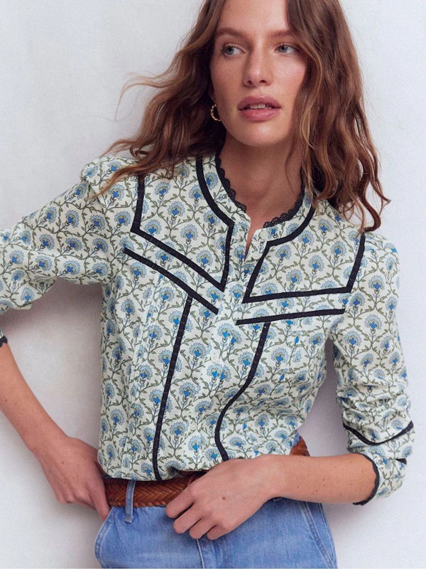 Boden Blue Cotton Lace Trim Top