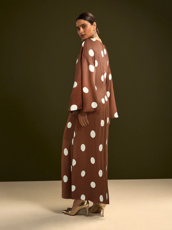 Next Chocolate Brown Spot Twist Front Long Sleeve Satin Maxi Dress back view