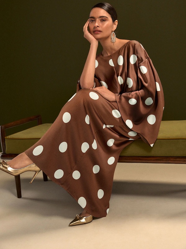 Next Chocolate Brown Spot Twist Front Long Sleeve Satin Maxi Dress