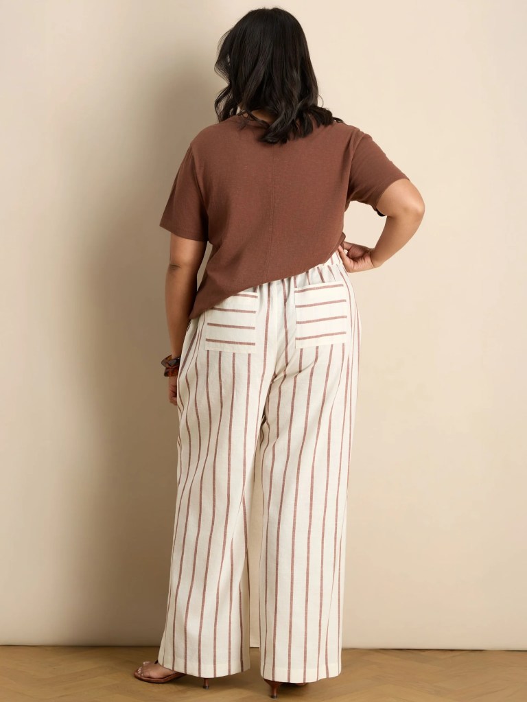 Live Unlimited Oatmeal Striped Linen Blend Wide Leg Trousers back view